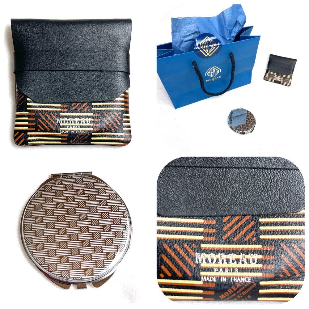 Authentic Moreau Paris Leather Flap Pouch w magnifying Mirror gift set